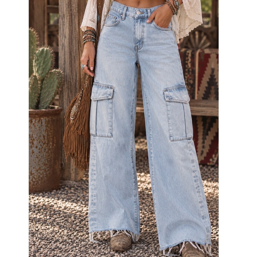 Agolde Minka Cargo Wide Leg Jeans Light Wash Blue High Rise Crop Baggy Size 25